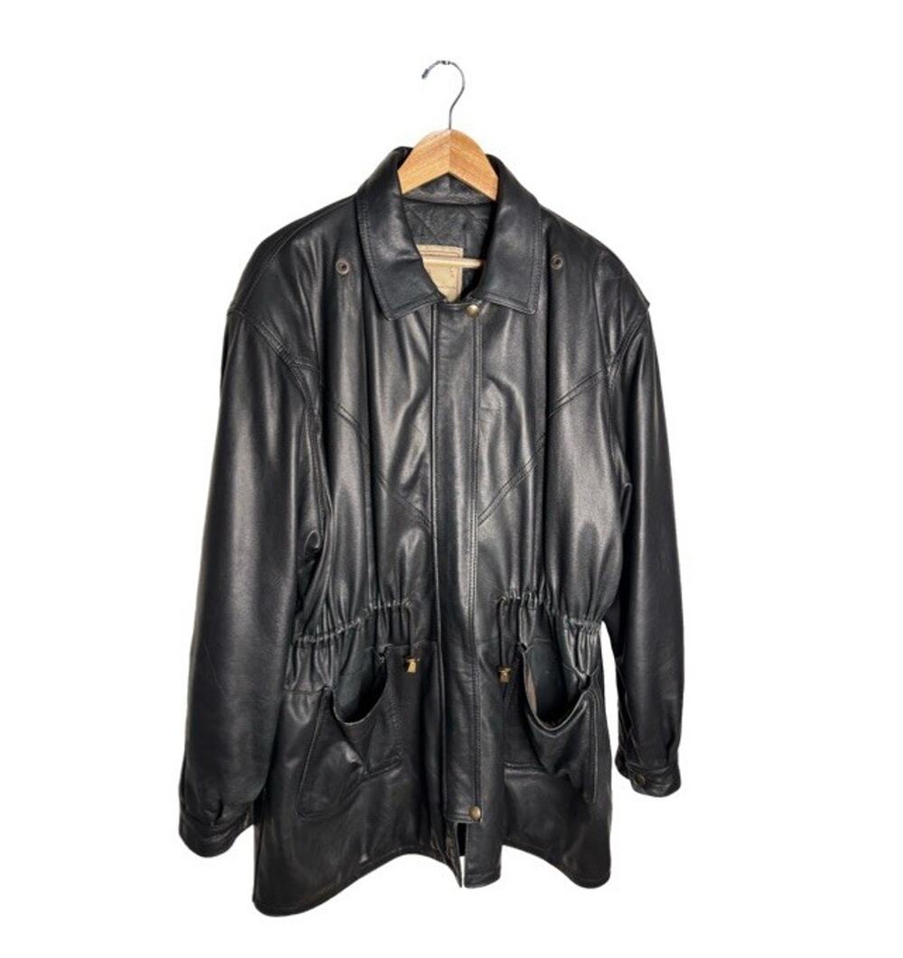Vintage Echtes Leder Leather Jacket Size XL Black Long Cinched Waist Flaw